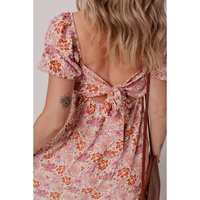 Pink Floral Square Neck Knotted Ruffle Midi Dress - L thumbnail