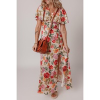 Multicolour Vintage Floral V Neck Short Sleeve Tie Back Long Slit Dress - L thumbnail
