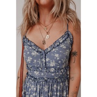 Blue Floral Spaghetti Strap Frilled V Neck Tiered Midi Dress - L thumbnail