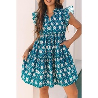 Blue Retro Floral Print Split Neck Ruffle Short Sleeve Dress - S thumbnail