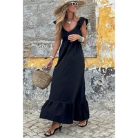 Black V Neck Flutter Sleeve Smocked Bodice High Waist Ruffle Maxi Dress - S thumbnail
