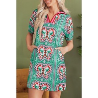 Mint Green Geometric Butterfly Print Split Neck Short Sleeve Dress - L thumbnail