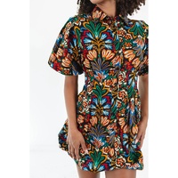 Multicolour Floral Puff Short Sleeve Shirt Mini Dress - M thumbnail