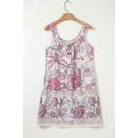 Multicolour Floral Print Fringed Tie U Neck Sleeveless Mini Dress - L thumbnail