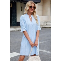 Beau Blue Jacquard Texture Flared Short Sleeve Notched Neck Mini Dress - M thumbnail