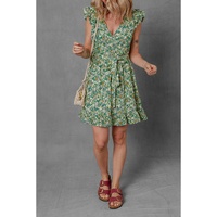 Green Flower Print Flutter Sleeve V Neck Sashed Ruffled Mini Dress - XL thumbnail