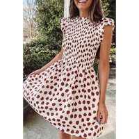 Brown Abstract Printed Flutter Sleeve Smocked Bodice Short Dress - L thumbnail