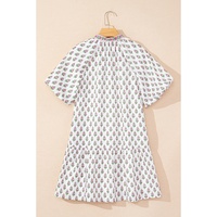 Pink Floral Print Bubble Sleeve Neck Tie Ruffled Dress - L thumbnail