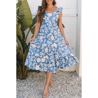 Sky Blue Floral U Neck Flutter Shoulder Tiered Flowy Midi Dress - S thumbnail