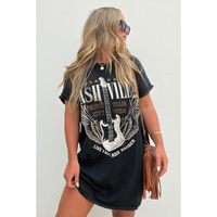 Black Nashville Guitar Print Crew Neck T Shirt Mini Dress - S thumbnail