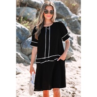 Black Contrast Scallop Trim Bow Detail Half Sleeve Shift Dress - S thumbnail