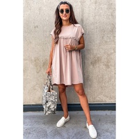 Oatmeal Frilled Trim Crew Neck Loose Fit Mini Dress - L thumbnail