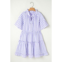 Lavendula Plaid Ruffle Wide Short Sleeve Babydoll Mini Dress - L thumbnail