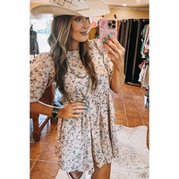 Beige Floral Puff Short Sleeve Empire Waist Mini Dress - L thumbnail
