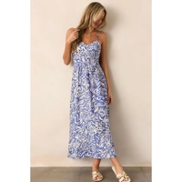 Sky Blue Floral Print Spaghetti Strap High Waist Maxi Dress - XL thumbnail