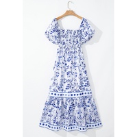 Sky Blue Floral Print Square Neck Bubble Sleeve High Waist Maxi Dress - L thumbnail