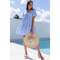 Sky Blue Gingham Short Sleeve Button Tie Split Neck Loose Mini Dress - L thumbnail