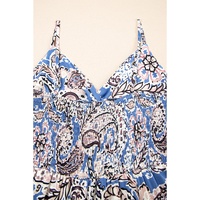 Blue Paisley Print Twist Detail Smocked Back Spaghetti Straps Long Dress - M thumbnail