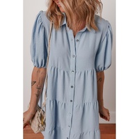 Beau Blue Shirt Collar Button Up Short Puff Sleeve Tiered Shift Dress - S thumbnail