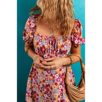 Red Floral Puff Sleeve Square Neck Knot Open Back Mini Dress - L thumbnail