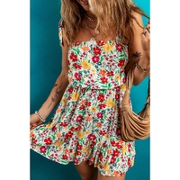 Red Floral Knotted Straps Cinched Waist Ruffle Hem Mini Dress - L thumbnail