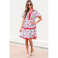 Pink Floral Print Contrast Trim V Neck Bubble Short Sleeve Babydoll Dress - L thumbnail