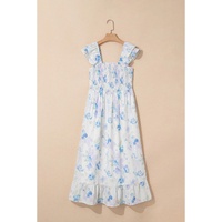 Sky Blue Floral Smocked High Waist Double Ruffle Sleeveless Long Dress - XL thumbnail