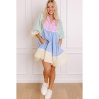 Multicolour Striped Patchwork Ric Rac Puff Sleeve Collared Mini Dress - L thumbnail