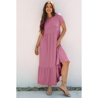 Pink Solid Color T-shirt High Waist Pocketed Long Dress - M thumbnail