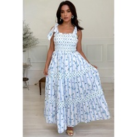 Sky Blue Floral Smocked Tied Straps A-Lined Tiered Maxi Dress - L thumbnail