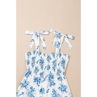 Sky Blue Floral Print Shirred Knot Shoulder Sleeveless Long Dress - S thumbnail