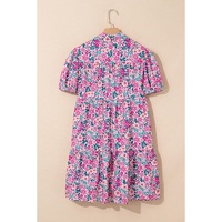 Pink Floral Collared Half Placket Short Sleeve Loose Dress - L thumbnail