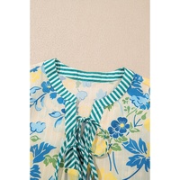 Blue Floral Striped Trim Puff Short Sleeve Dress - XL thumbnail