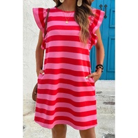 Red Stripe Flutter Sleeve Round Neck Shift Dress - S thumbnail