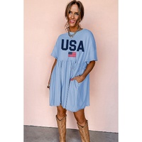 Sky Blue USA Flag Print Short Sleeve High Waist Babydoll Dress - M thumbnail