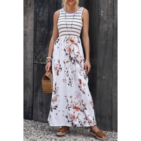 Azura Exchange White Striped Floral Print Sleeveless Maxi Dress with Pocket - M thumbnail