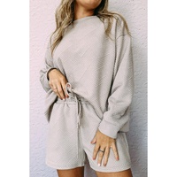 Gray Textured Long Sleeve Top and Drawstring Shorts Set - M thumbnail