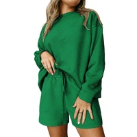 Green Textured Long Sleeve Top and Drawstring Shorts Set - XL thumbnail