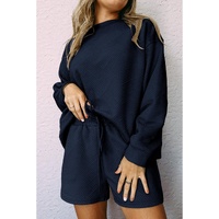 Navy Blue Textured Long Sleeve Top and Drawstring Shorts Set - XL thumbnail