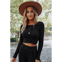 Black Solid Color Ribbed Crop Top Long Pants Set - XL thumbnail
