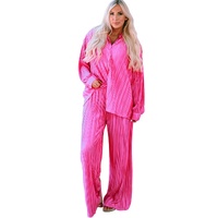 Rose Pleated Long Sleeve Shirt and Wide-Leg Pants Set - XL thumbnail