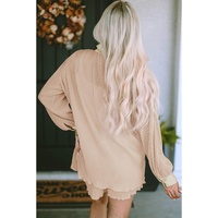 Apricot Pleated Long Sleeve Shirt and Shorts Lounge Set - M thumbnail