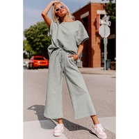 Gray Textured Loose Fit T Shirt and Drawstring Pants Set - 2XL thumbnail