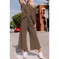 Brown Textured Loose Fit T Shirt and Drawstring Pants Set - L thumbnail