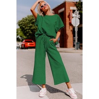 Dark Green Textured Loose Fit T Shirt and Drawstring Pants Set - M thumbnail