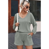 Grass Green Corded V Neck Slouchy Top Pocketed Shorts Set - L thumbnail