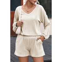 Beige Corded V Neck Slouchy Top Pocketed Shorts Set - M thumbnail
