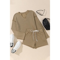Khaki Exposed Seam Textured Long Sleeve Top Shorts Set - S thumbnail