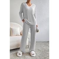 Light Grey Ribbed Knit V Neck Slouchy Two-piece Outfit - XL thumbnail