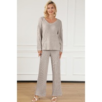 Khaki Ribbed Knit V Neck Slouchy Two-piece Outfit - S thumbnail